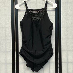 Aqua Green Black 16 High Neck Crochet Lace Front Hi Back One Piece Swimsuit NWT